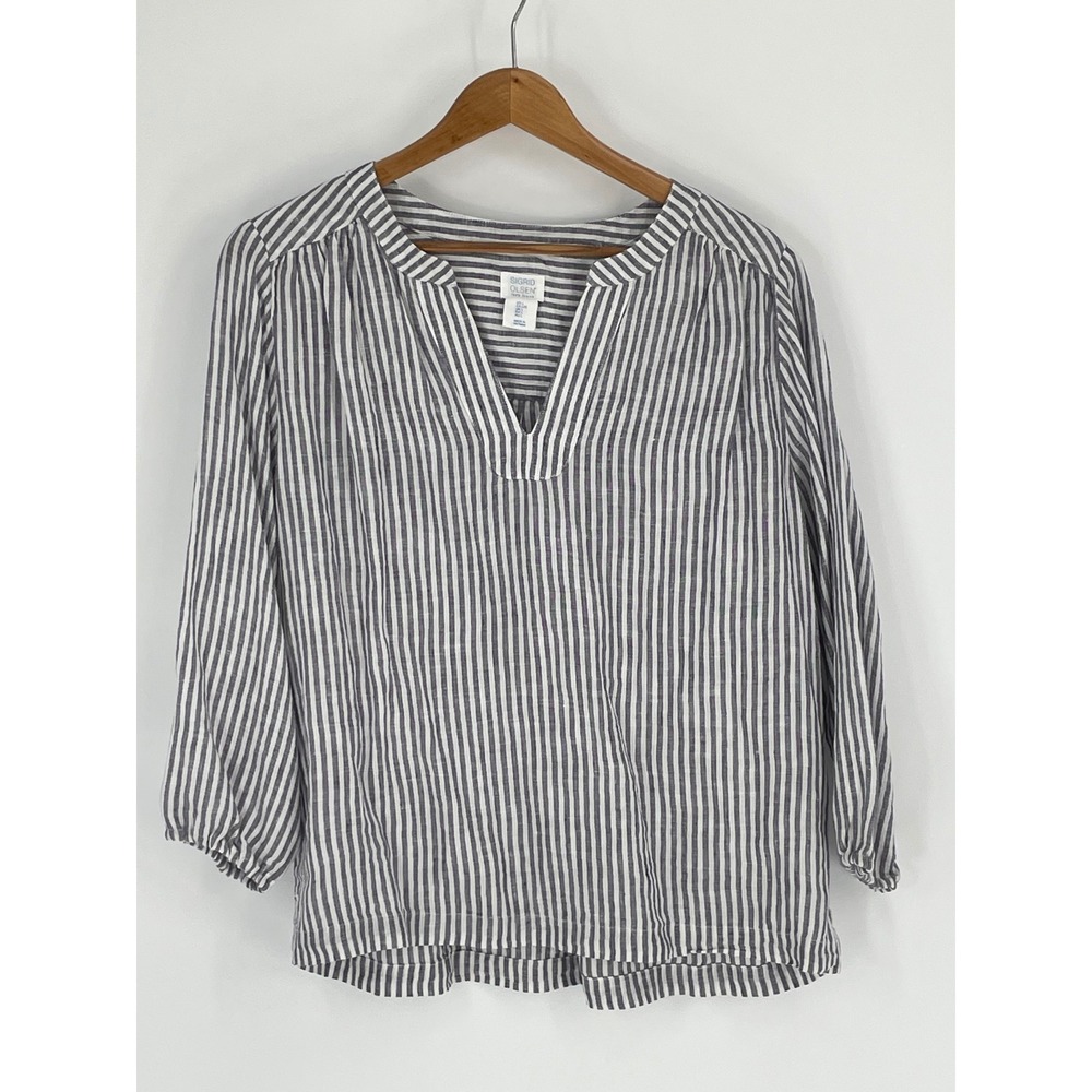 Sigrid Olsen Women Top Large Tunic Blue Striped 100% Linen V-Neck 3/4 Sleeve